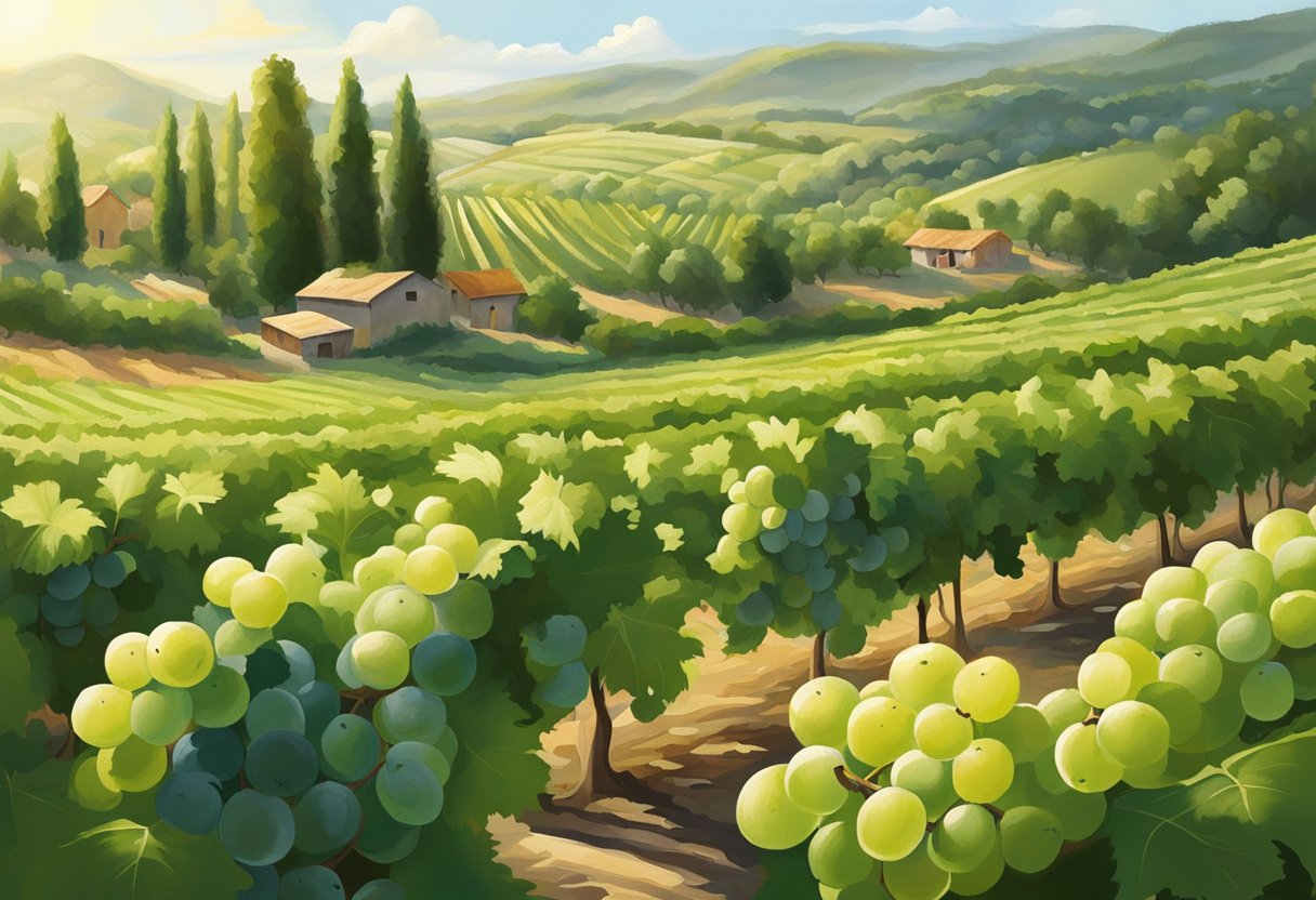 Rolling vineyards, lush with green foliage, stretch across the valley floor. Sunlight filters through the leaves, casting dappled shadows on the earth. A gentle breeze carries the scent of ripening grapes