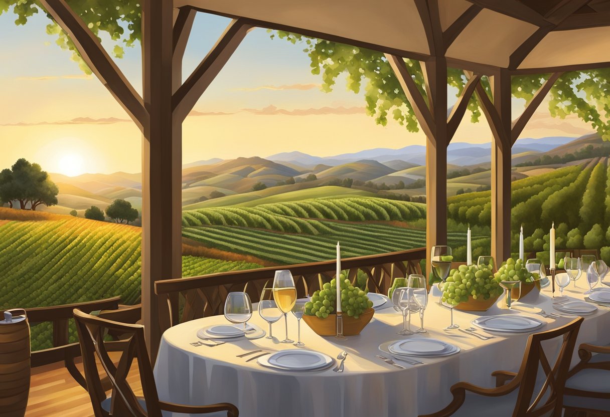 Lush vineyards and elegant dining tables set against a backdrop of rolling hills and golden sunsets in Sonoma Valley