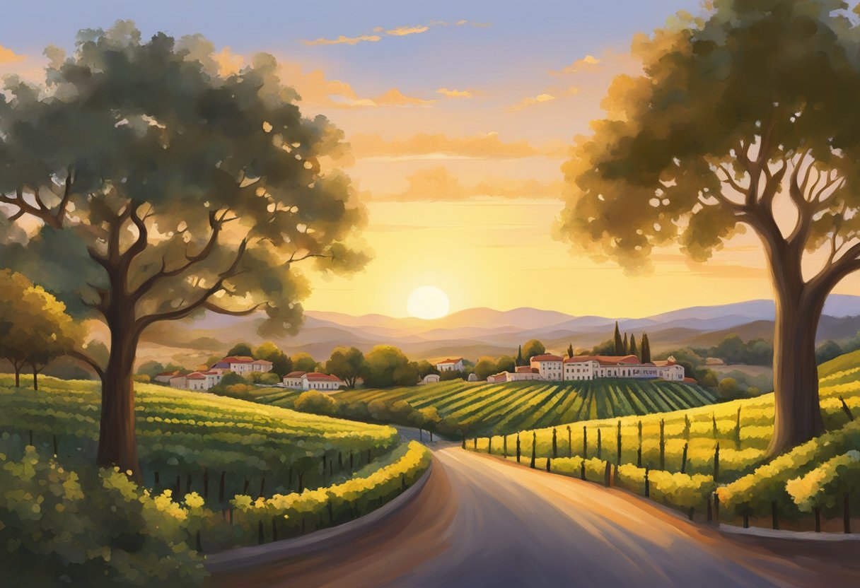 The sun sets behind rolling hills, casting a warm glow over the historic buildings and lush vineyards of Sonoma Valley. The town square bustles with activity as visitors explore the rich history and charming atmosphere